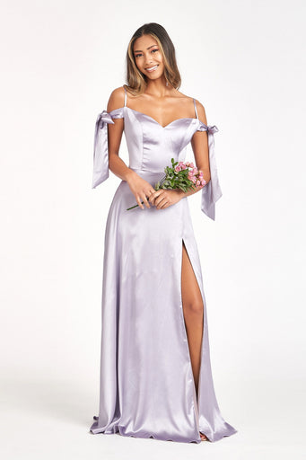 Sweetheart Neckline Satin Long Dress w/ Slit-0