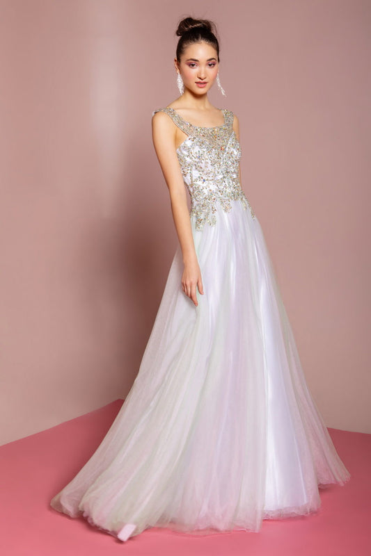 Sleeveless Tulle Long Dress with Bead Embellished Bodice and Neckline-0