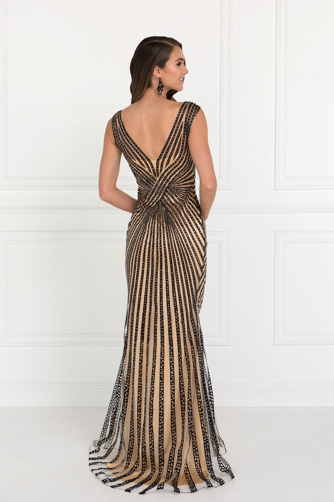 V-Neck Floor Length Dress with Rhinestone on Stripe-4