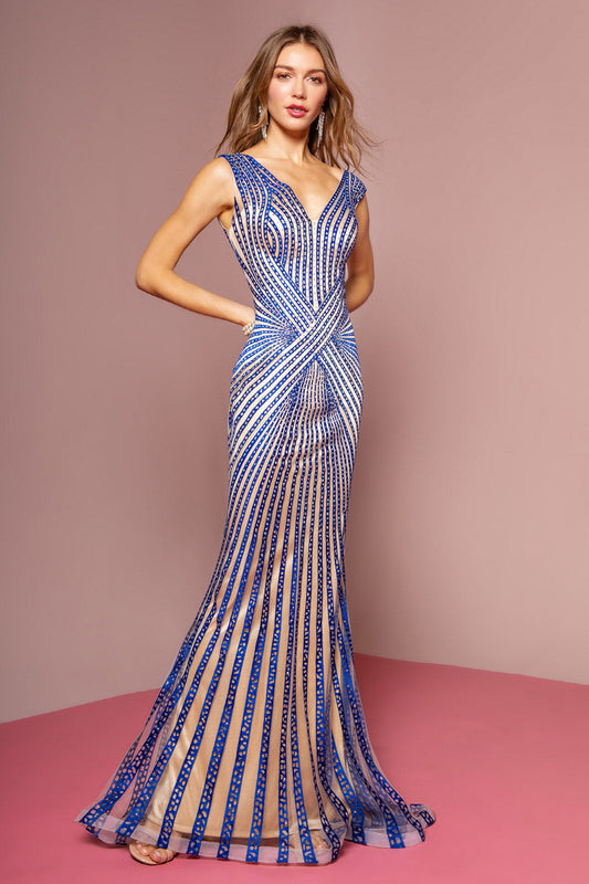 V-Neck Floor Length Dress with Rhinestone on Stripe-0