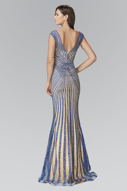 V-Neck Floor Length Dress with Rhinestone on Stripe-1