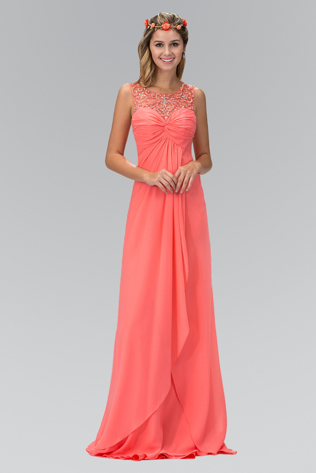 Empire Line Chiffon Long Dress with Beaded Illusion Neckline-4