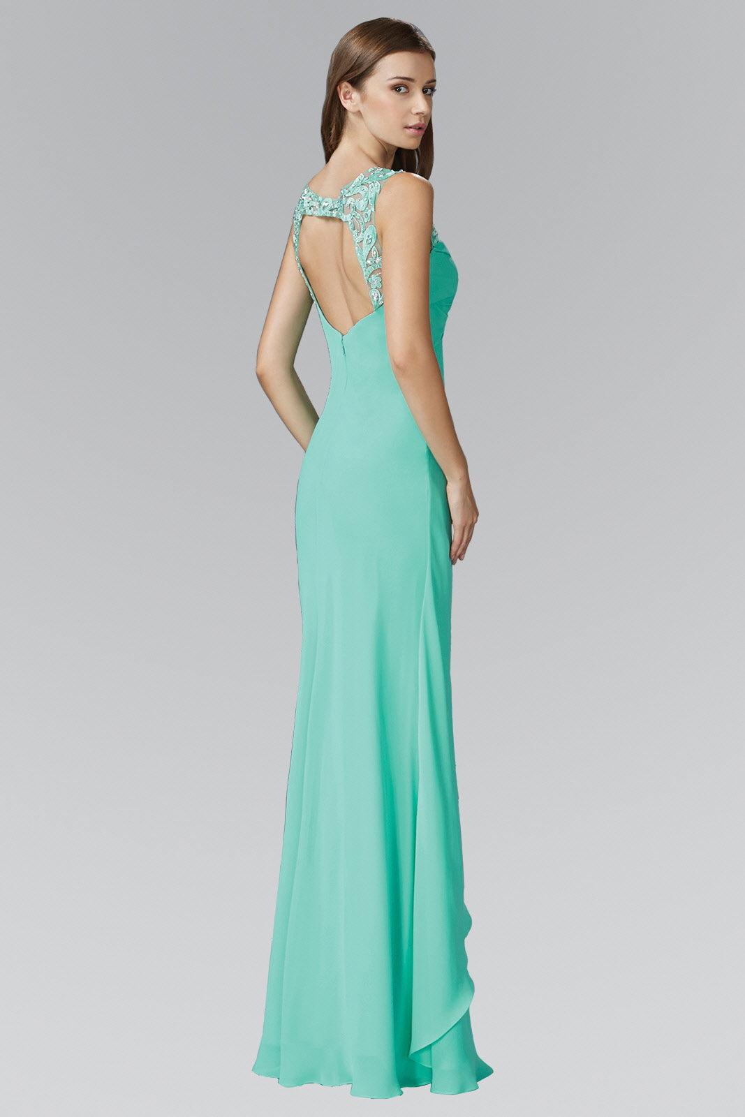 Empire Line Chiffon Long Dress with Beaded Illusion Neckline-1