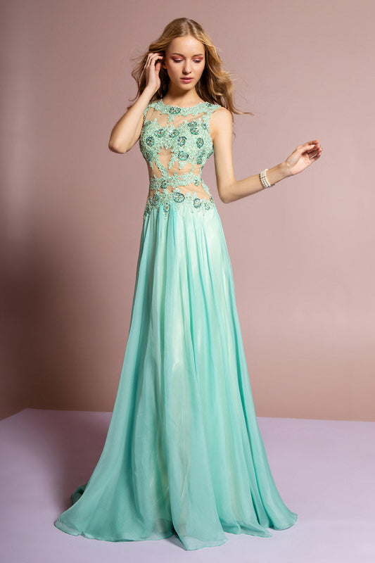 Bead and Lace Embellished Chiffon Long Dress with Sheer Bodice-0