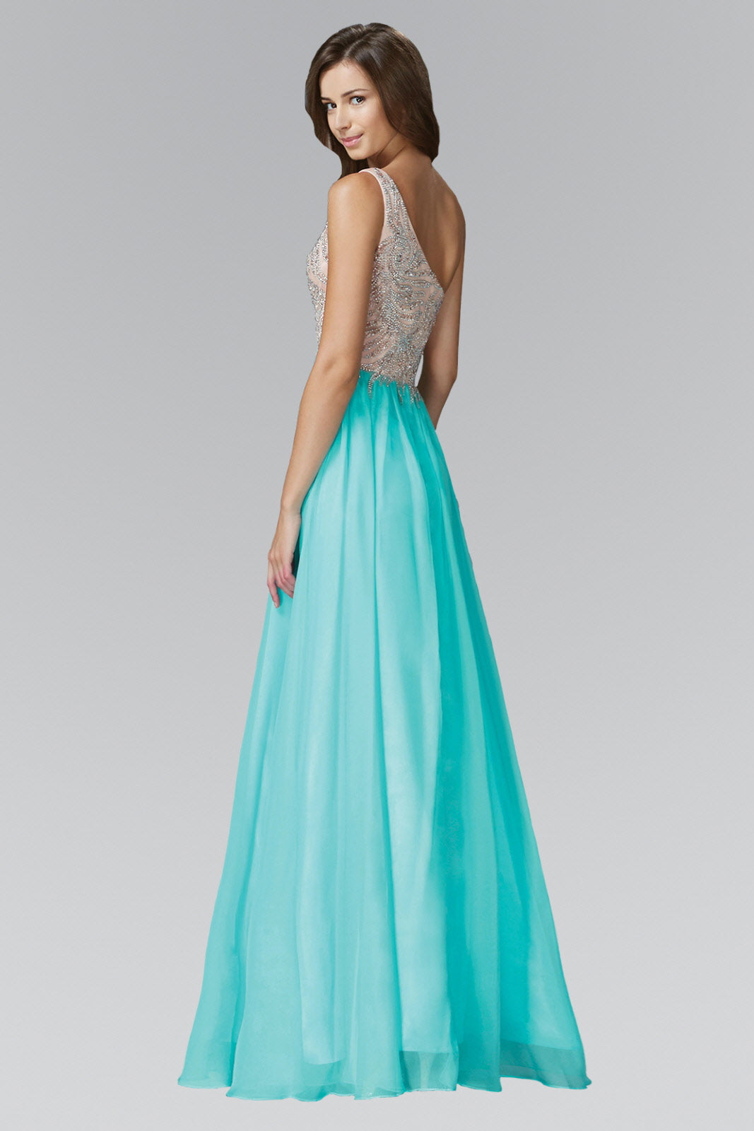 One Shoulder Jewel Embellished Bodice Chiffon Floor Length Dress-3