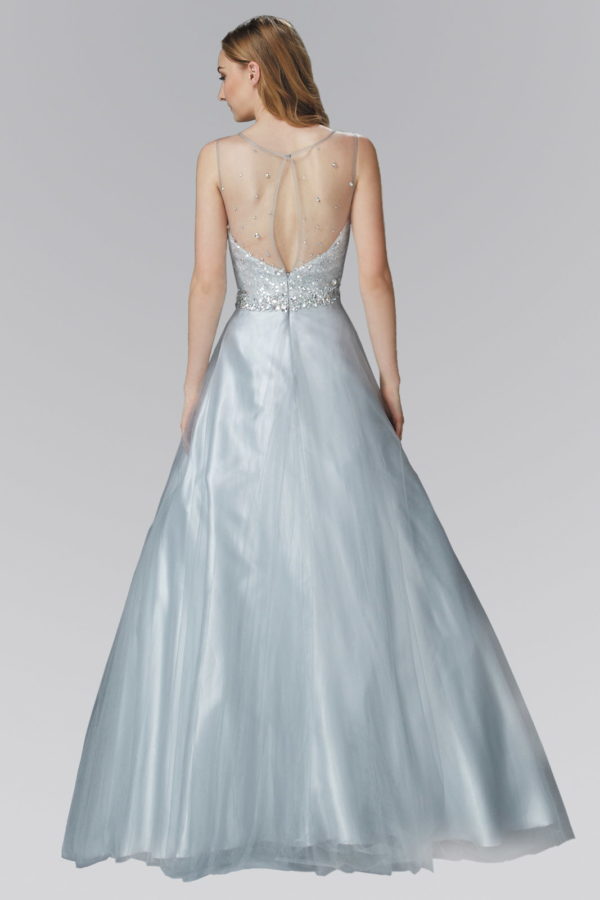 A-Line Long Dress with Sequin Embellished Sheer Bodice and back-1