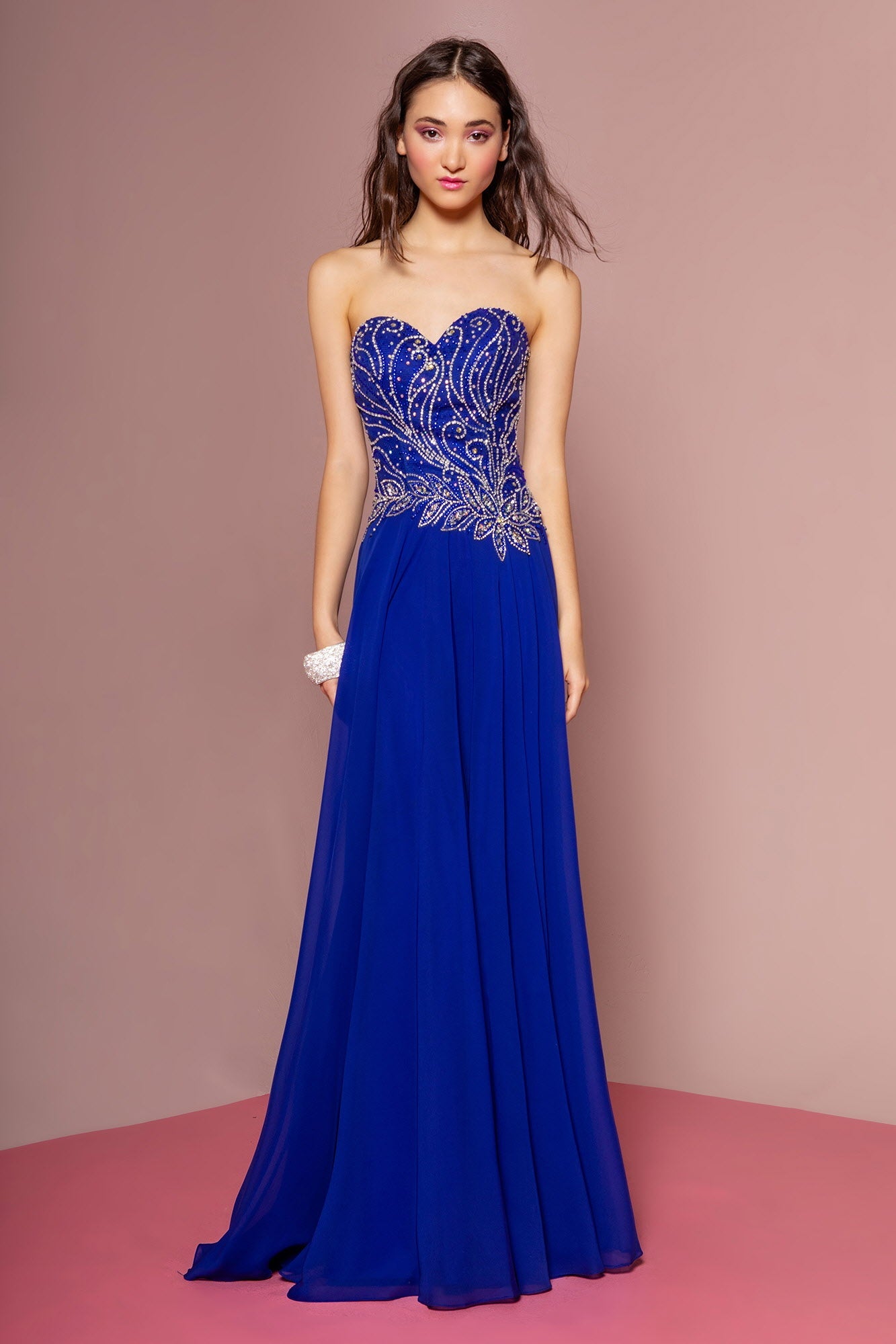 Strapless Sweetheart Chiffon Long Dress with Jewel Embellished Bodice-2