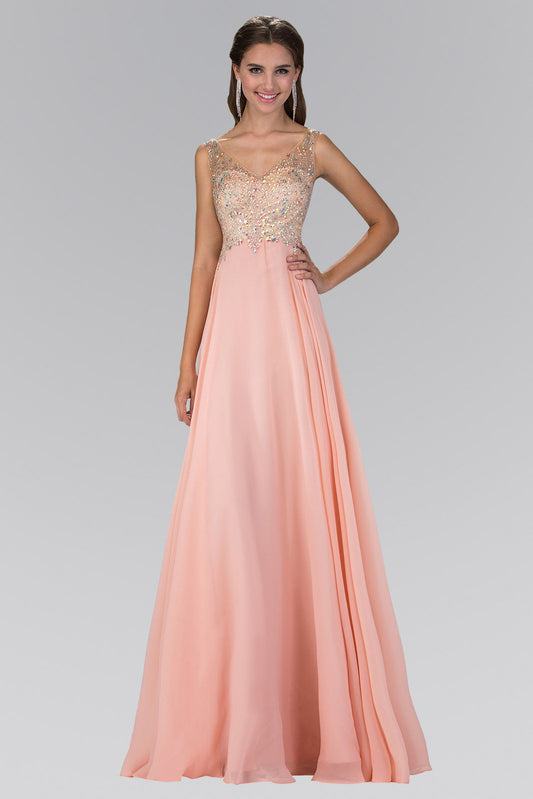 V-Neck Chiffon Floor Length Dress with Jewel Embellished Bodice-0