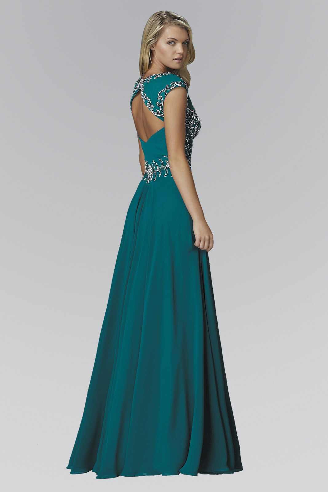 V-Neck Chiffon Floor Length Dress with Jewel Embellished Bodice-1