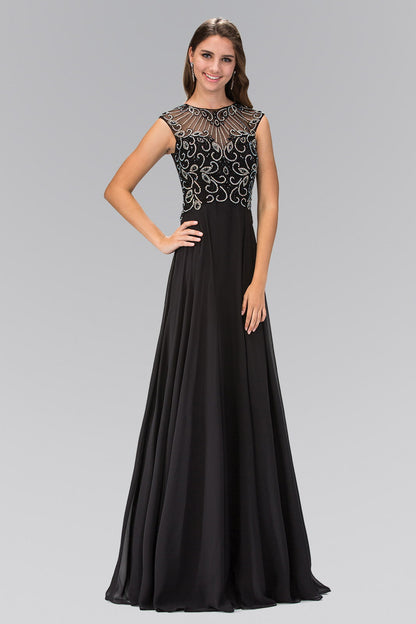 Sheer Back Floor Length Dress with Bead Embellished Bodice-0