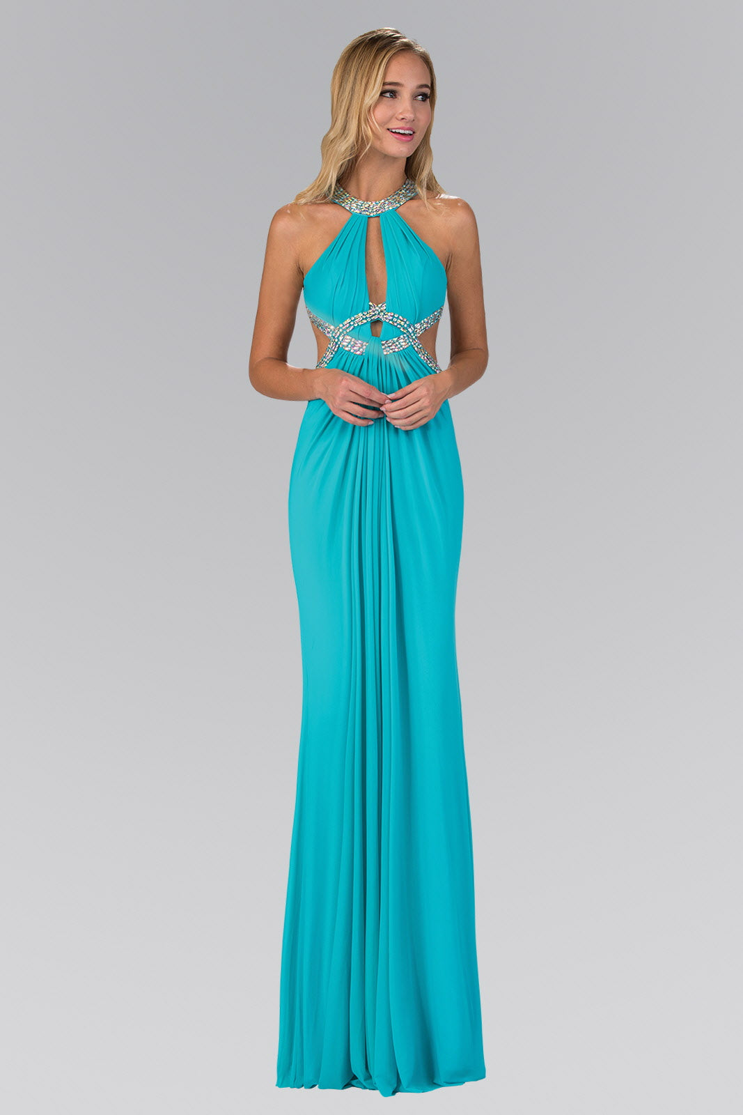 Long Dress Accented with Jewel Embellished Bodice and Cut Outs-0