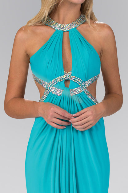 Long Dress Accented with Jewel Embellished Bodice and Cut Outs-2