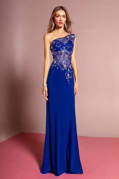 One Shoulder Jersey Floor Length Dress with Jewel Accents and Sheer Bodice-0