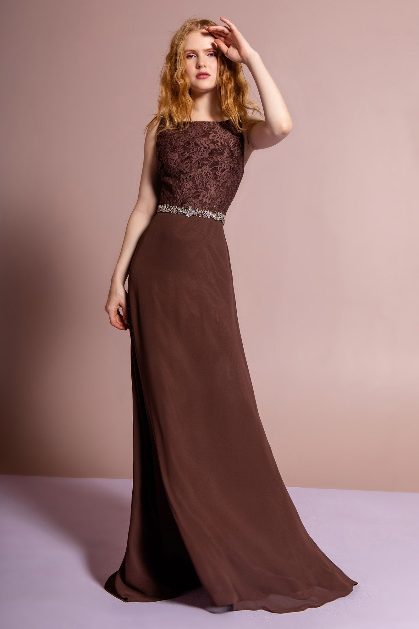 Chiffon Floor Length Dress Accented with Jewel Waistband-5