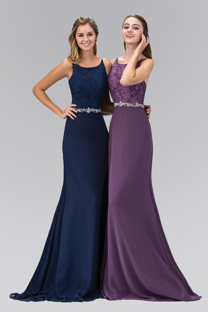 Chiffon Floor Length Dress Accented with Jewel Waistband-6