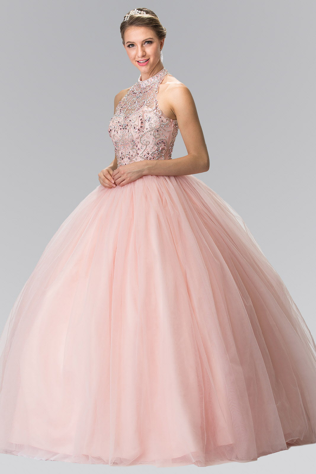 Mesh High Neck Quinceanera Dress with Beaded Bodice and Corset Back-0