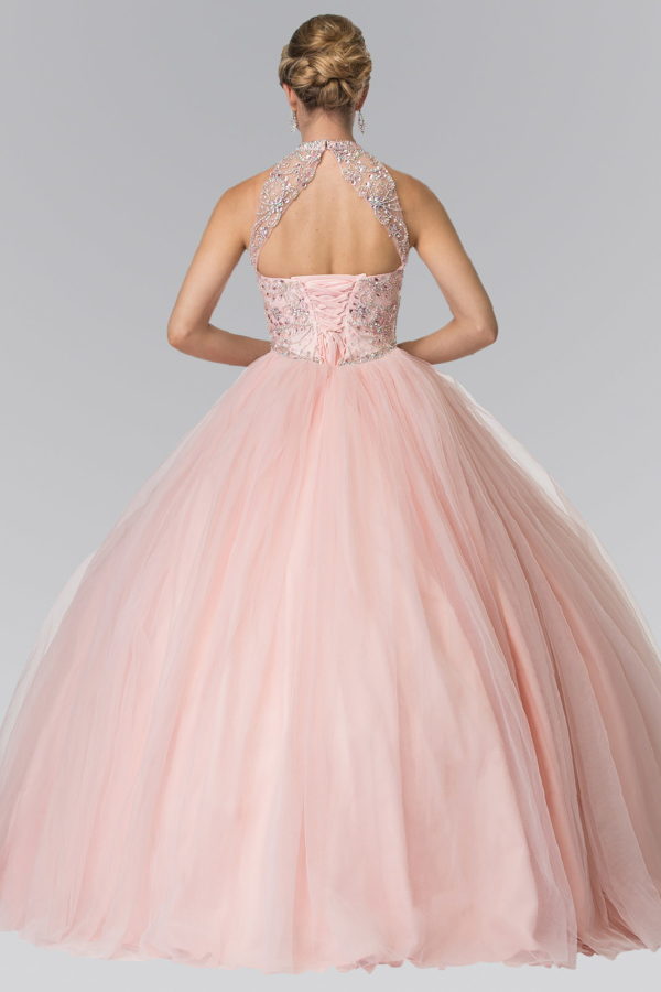 Mesh High Neck Quinceanera Dress with Beaded Bodice and Corset Back-1