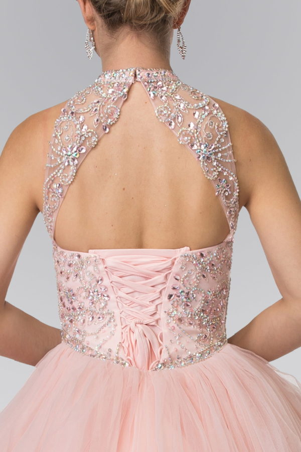 Mesh High Neck Quinceanera Dress with Beaded Bodice and Corset Back-3