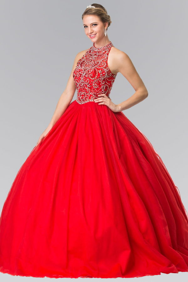 Mesh High Neck Quinceanera Dress with Beaded Bodice and Corset Back-4