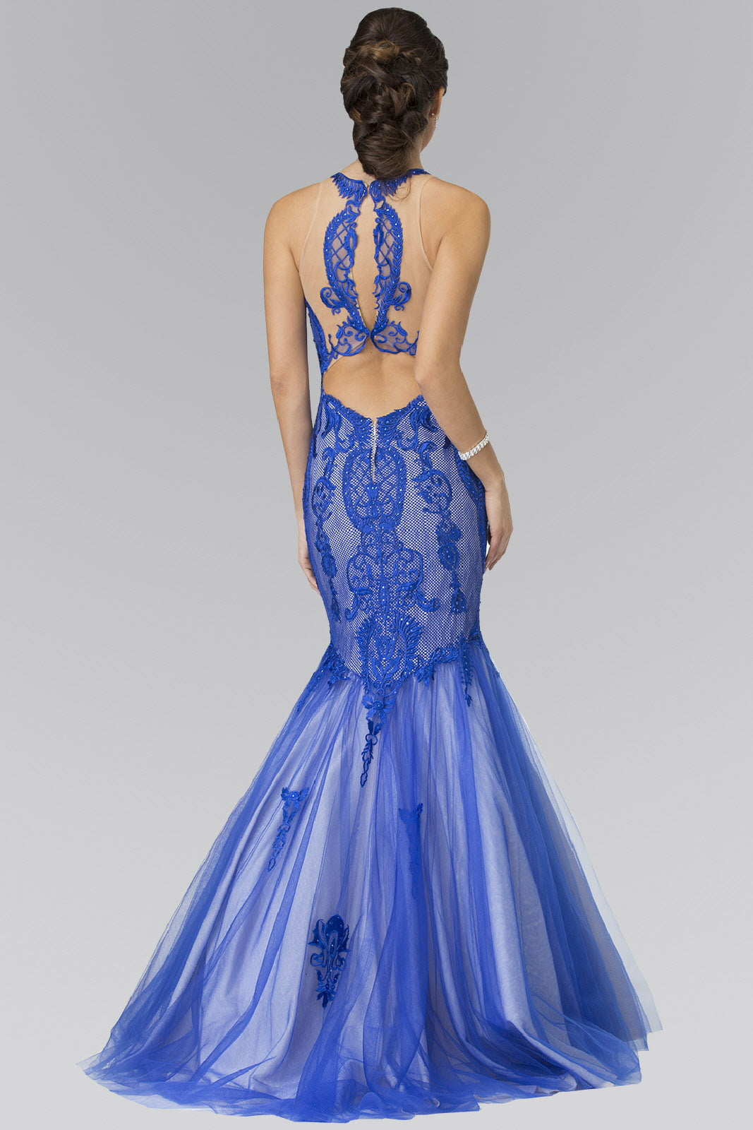 Halter Neck Long Mermaid Prom Dress with Lace Applique and Sheer Lace Back-1