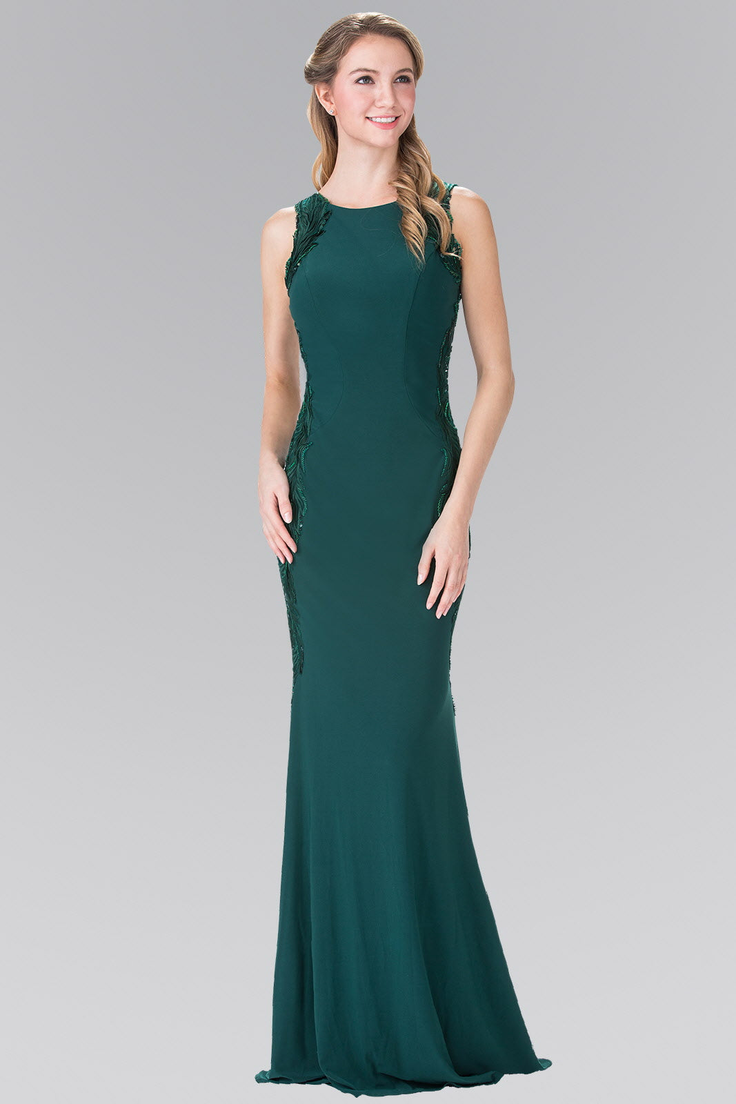 Open-Back Jersey Long Dress Accented with Side Embroidery-5