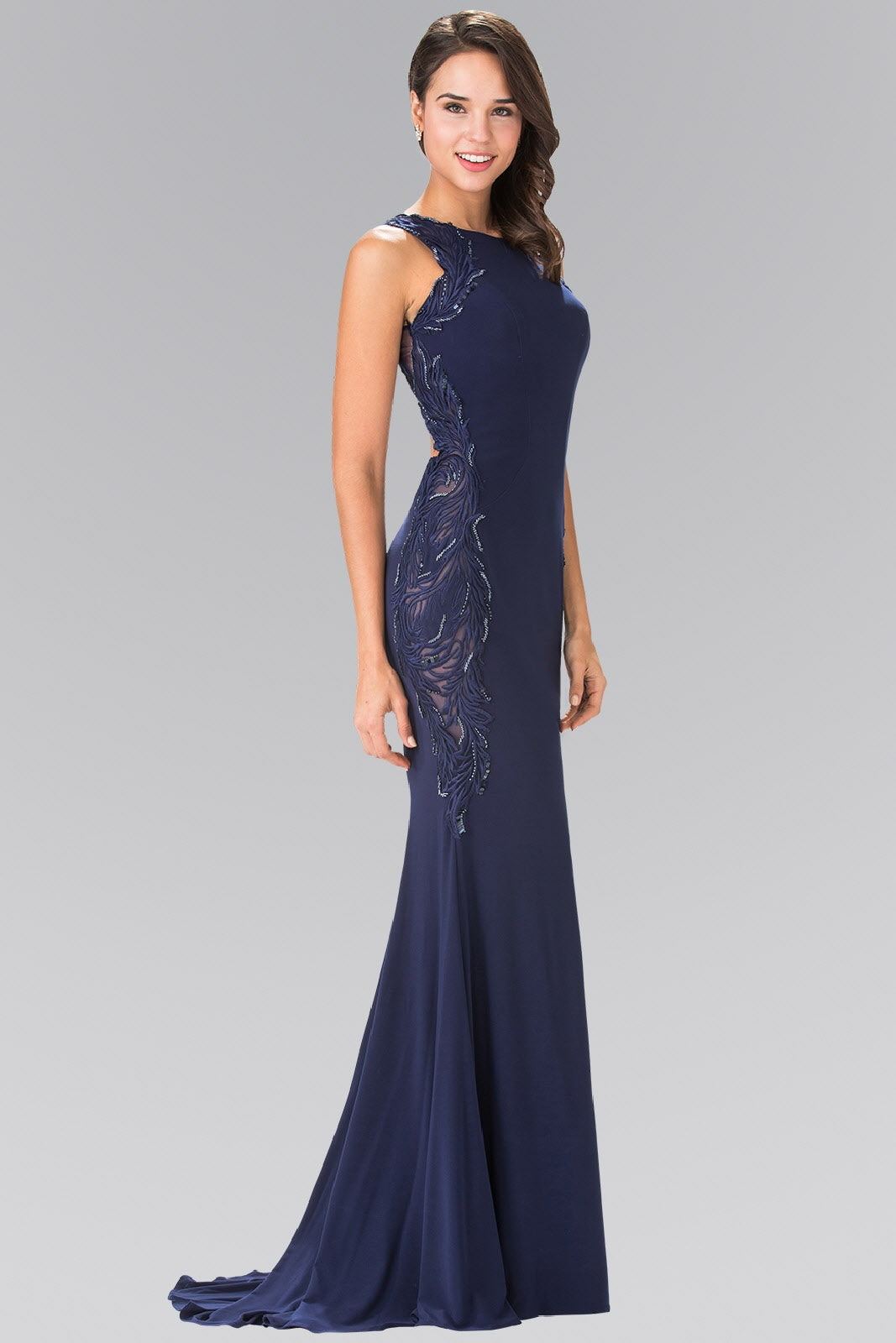 Open-Back Jersey Long Dress Accented with Side Embroidery-0