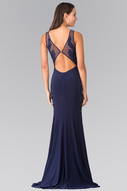 Open-Back Jersey Long Dress Accented with Side Embroidery-1