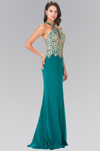 Embroidered Neck Halter Jersey Long Dress with Open Back-0