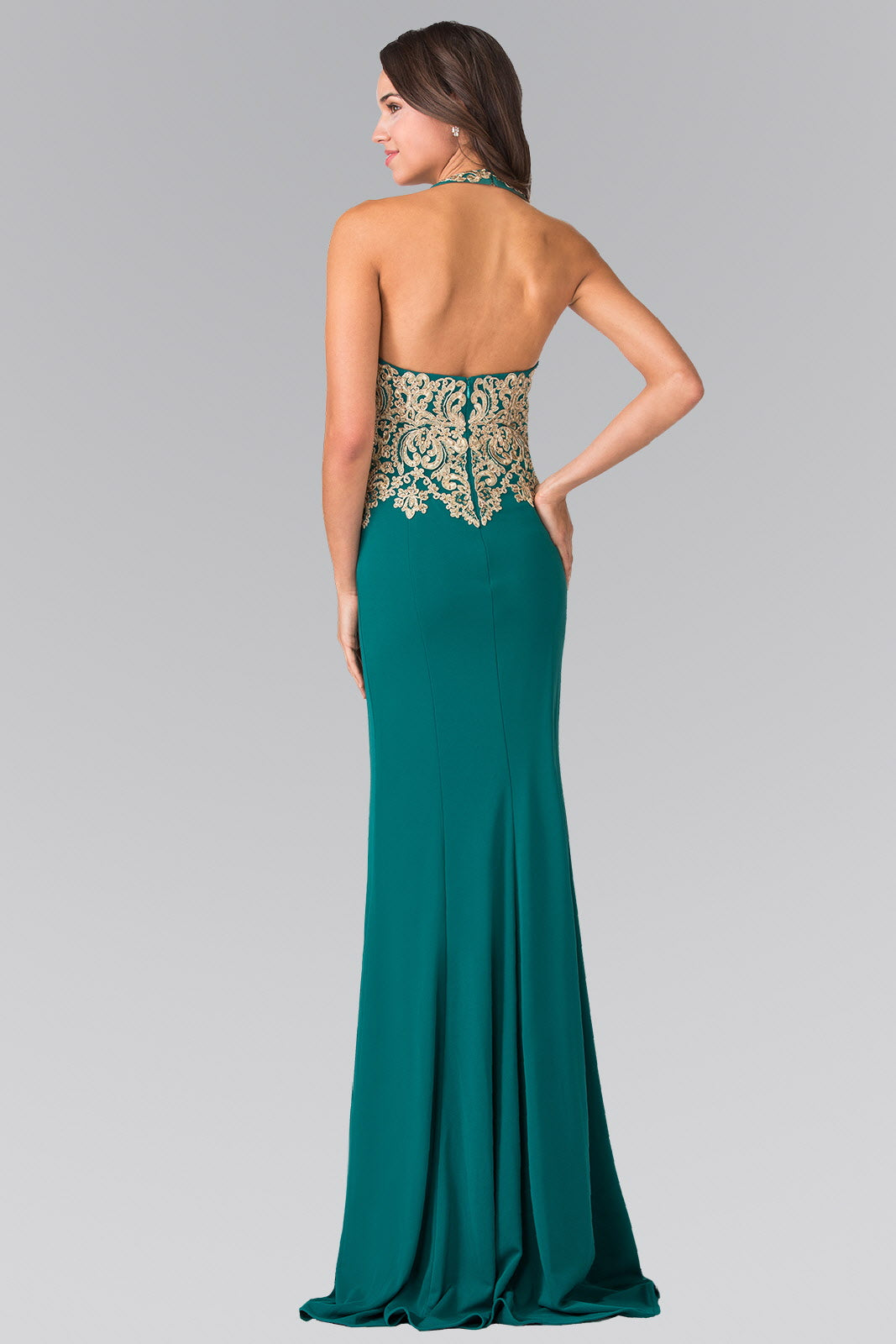 Embroidered Neck Halter Jersey Long Dress with Open Back-1