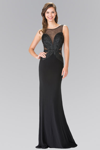 Beads Embellished Jersey Long Dress with Open Back-0