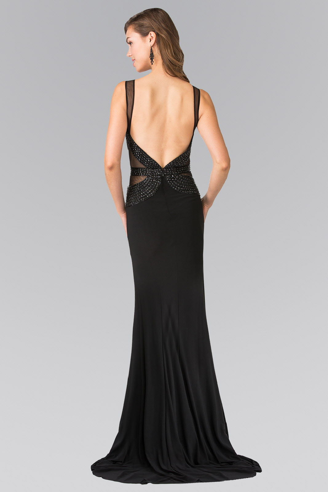 Beads Embellished Jersey Long Dress with Open Back-1