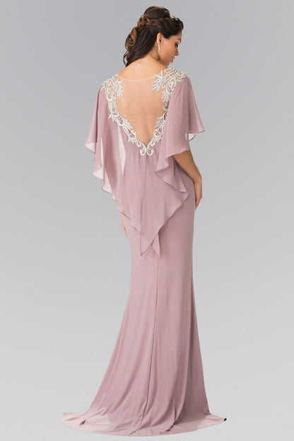 Sleeveless Jersey Long Dress with Attached Cape that Drapes Down the Back-1