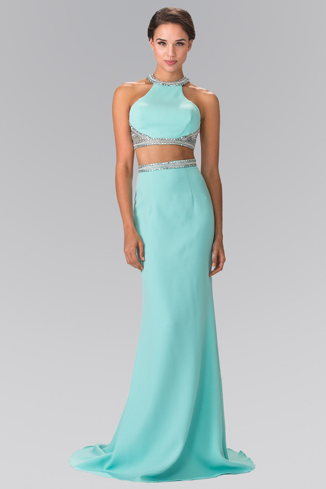 High Neck Two-Piece Jersey Long Dress Accented with a Beaded Band Waistline-0