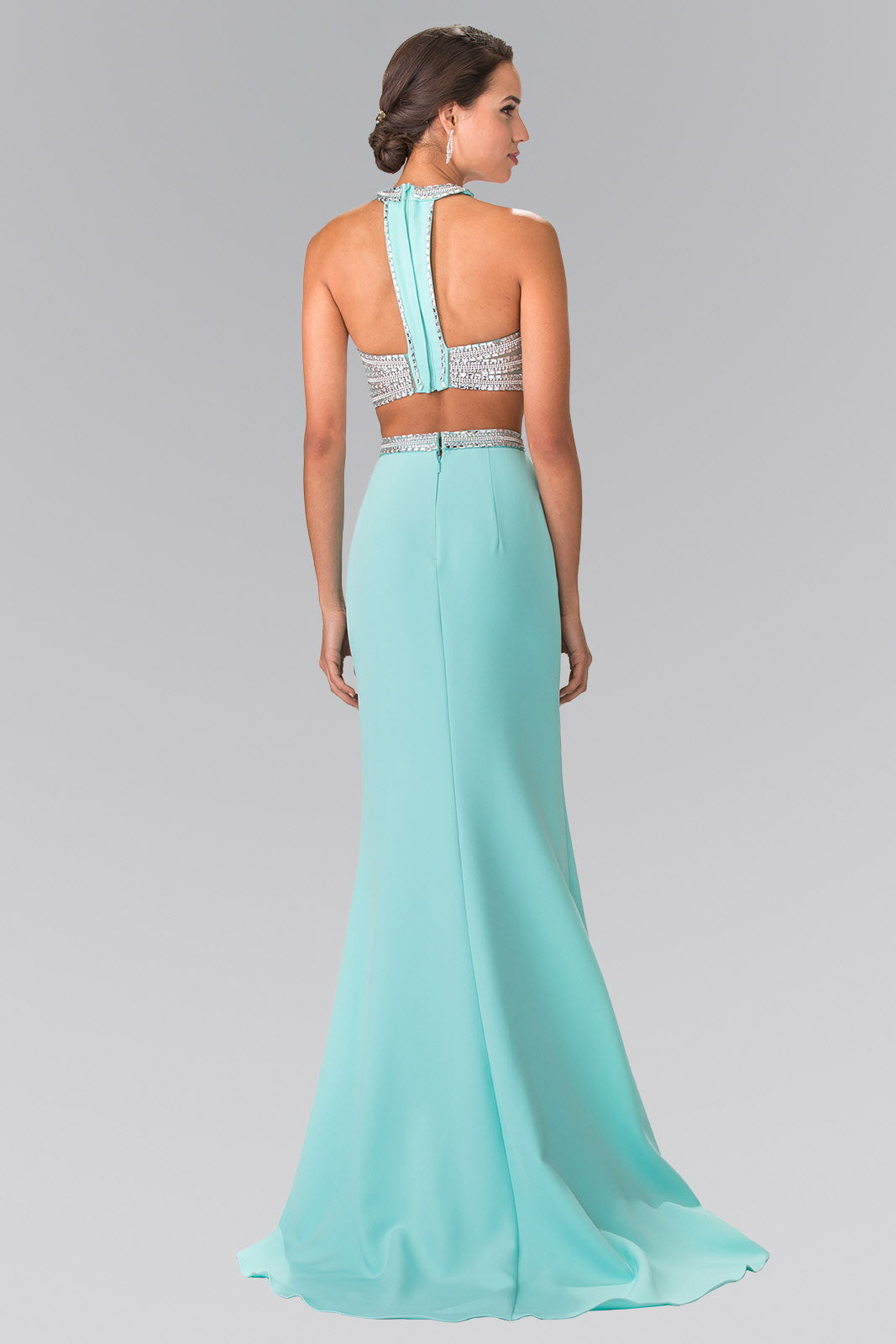 High Neck Two-Piece Jersey Long Dress Accented with a Beaded Band Waistline-1