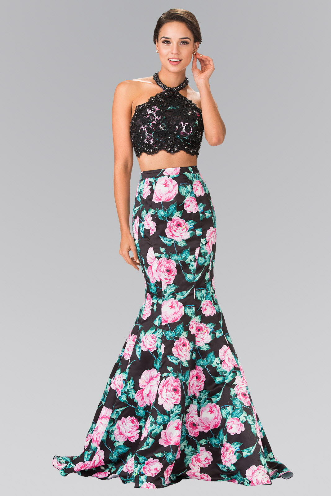 Halter-Neck Two-Piece Floral Print Long Dress-3