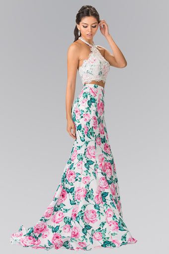 Halter-Neck Two-Piece Floral Print Long Dress-0