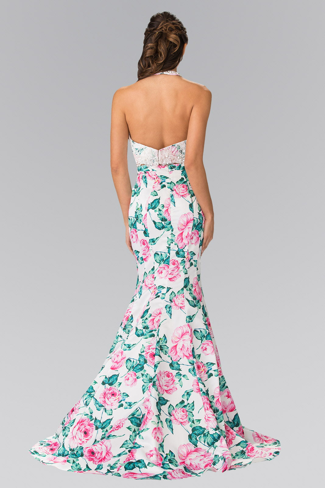 Halter-Neck Two-Piece Floral Print Long Dress-1