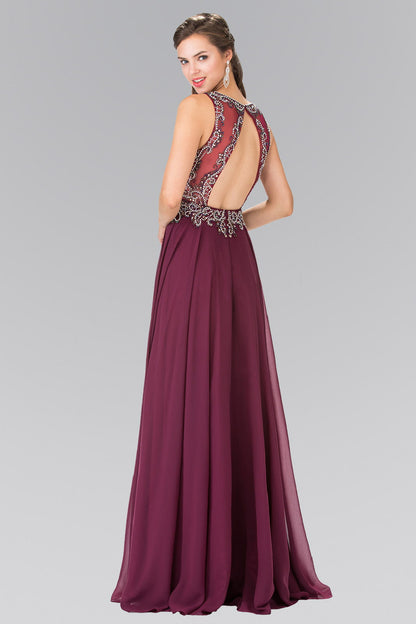 Beaded Top Chiffon Long Dress with Open Back-1