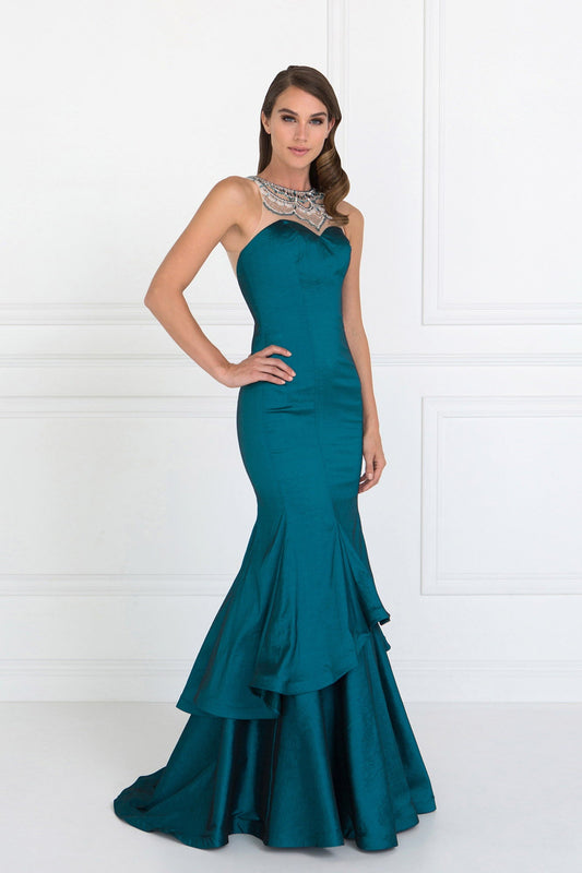 Gorgeous Long Jewel Accented Taffeta Long Dress with Two-Tier Skirt-0