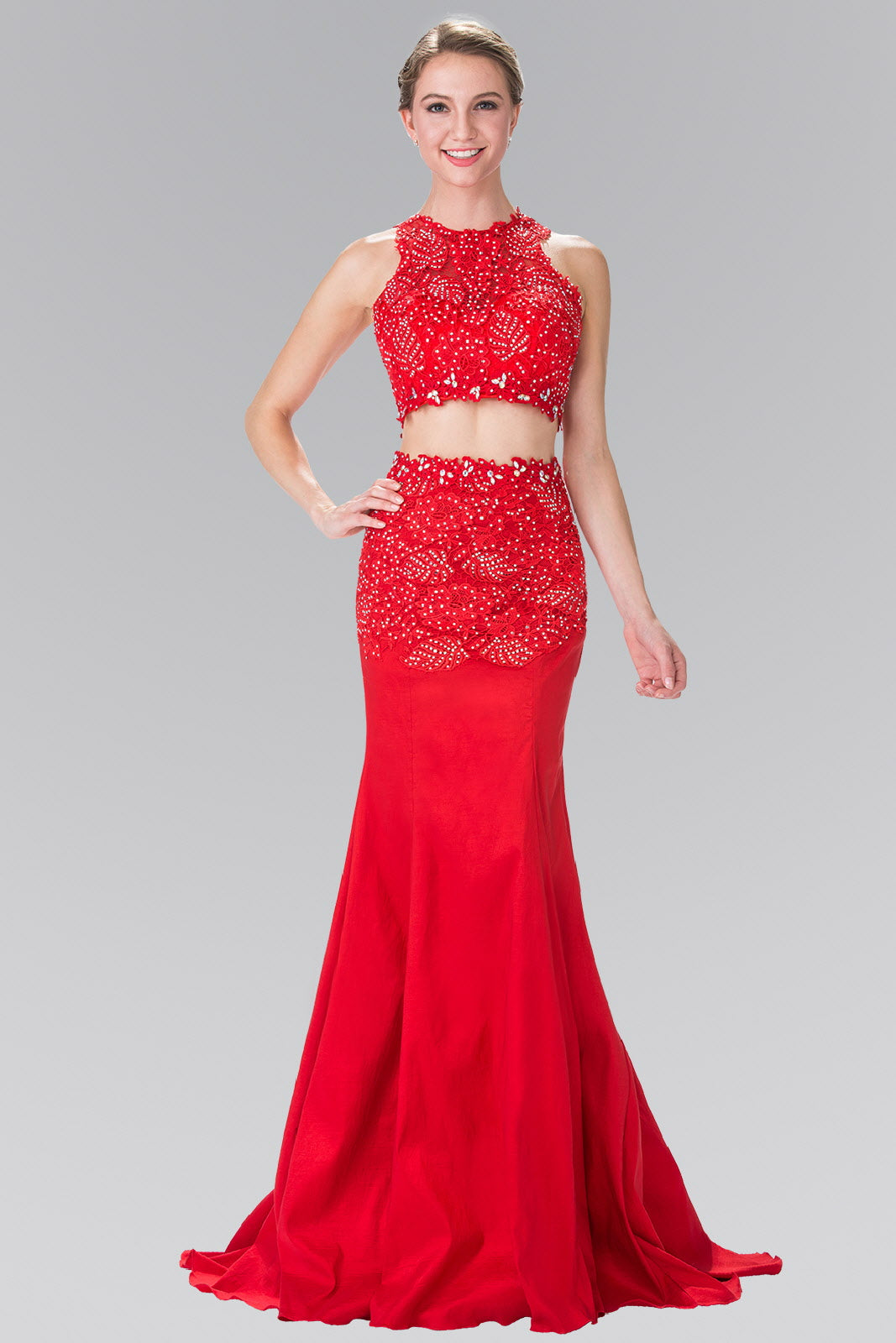 Two-Piece Taffeta Long Dress with Lace and Jewels-4