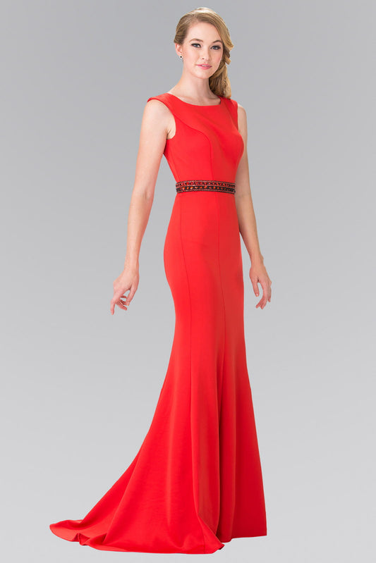 Beaded Waist Line Jersey Long Dress with Cut-Out Back-0