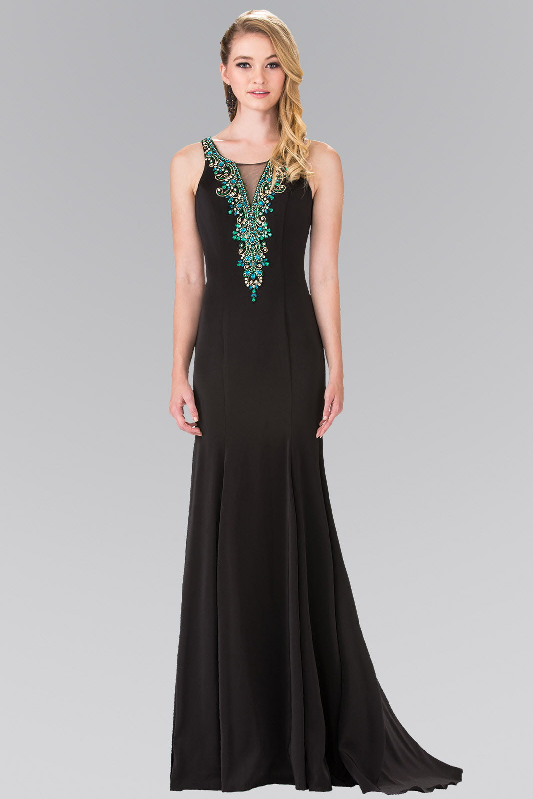 Illusion V-Neck Beaded Top Long Dress with Sheer Back-3