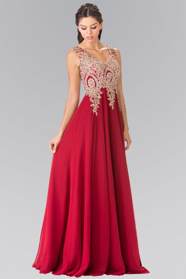 V-Neck Embroidered Chiffon Long Dress-9