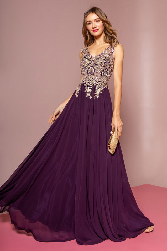 V-Neck Embroidered Chiffon Long Dress-0