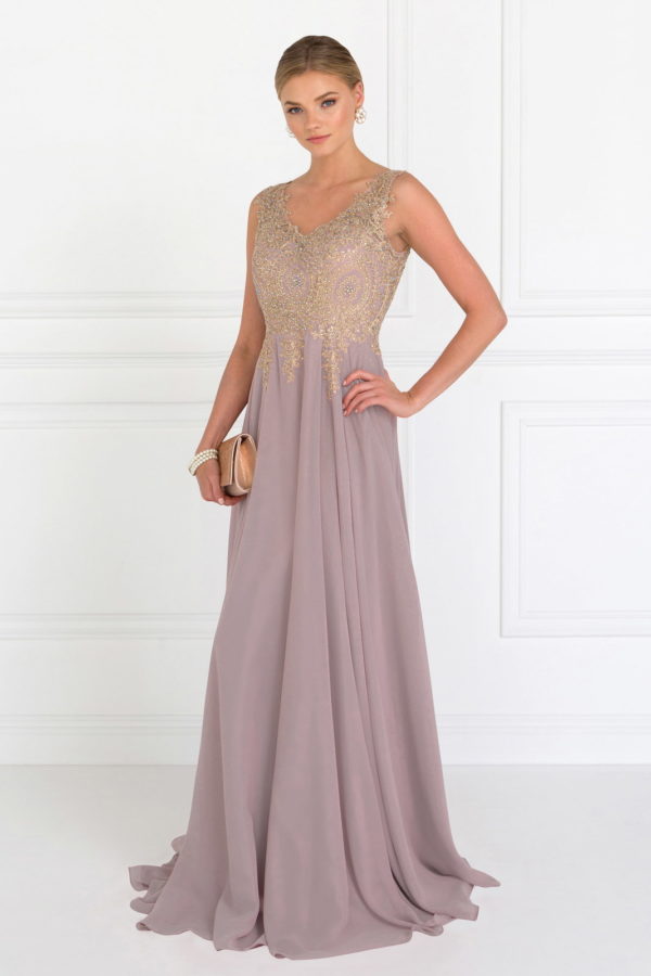 V-Neck Embroidered Chiffon Long Dress-12