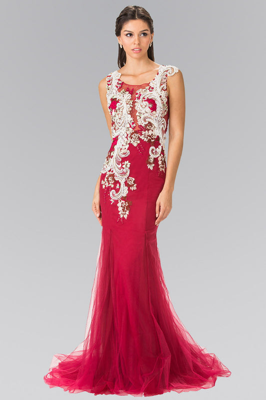 Embroidery Jersey Mermaid Long Dress with Sheer Back-0