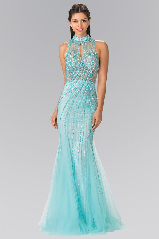 Full Beaded Halter Neck Illusion Top Dress with Open Back-0