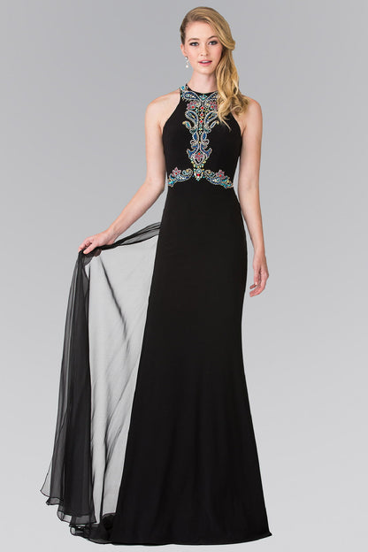 High Neck Beaded Top and Sheer Back Accented with Chiffon Tail-4