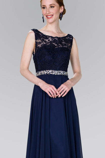 Lace Top Chiffon Long Dress Accented by Jewels on the Waist-2