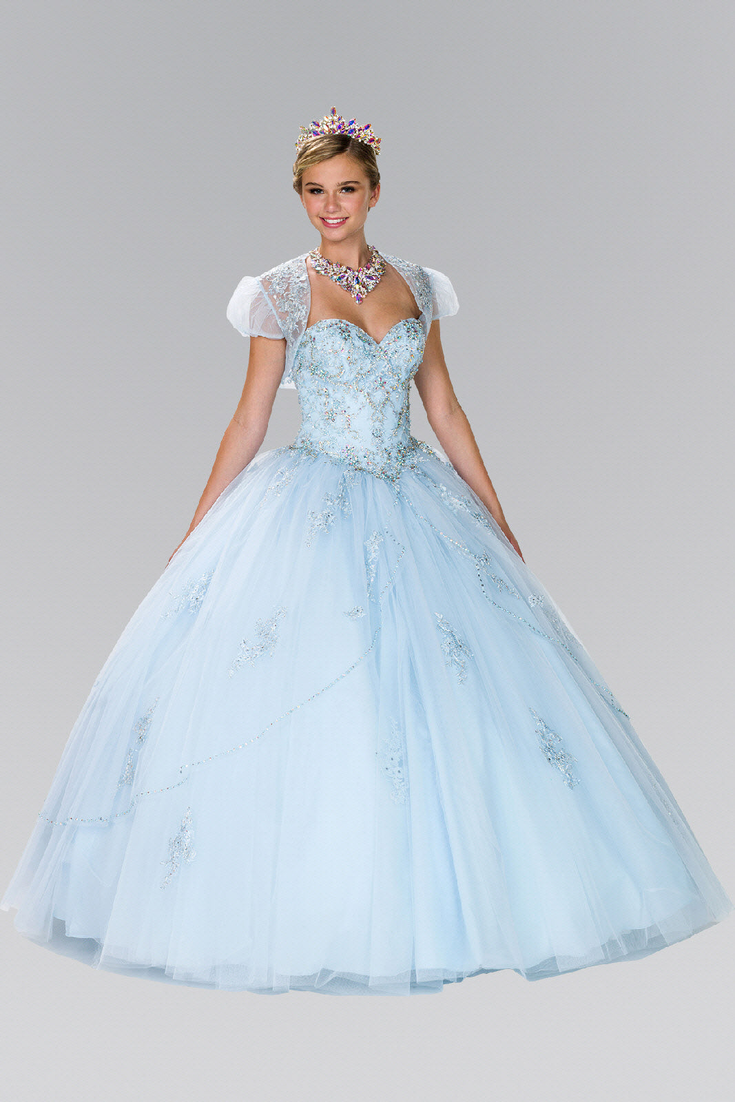 Beads Embellished Tulle Ball Gown with Bolero-0